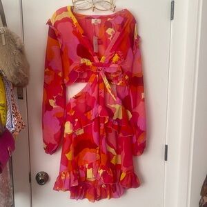 🩷Vibrant Pink & Red Cutout Ruffle Mini Dress NWT!